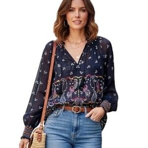 Cabi Navy Blue Floral Paisley Embroidered Blouse Bohemian Festival Top